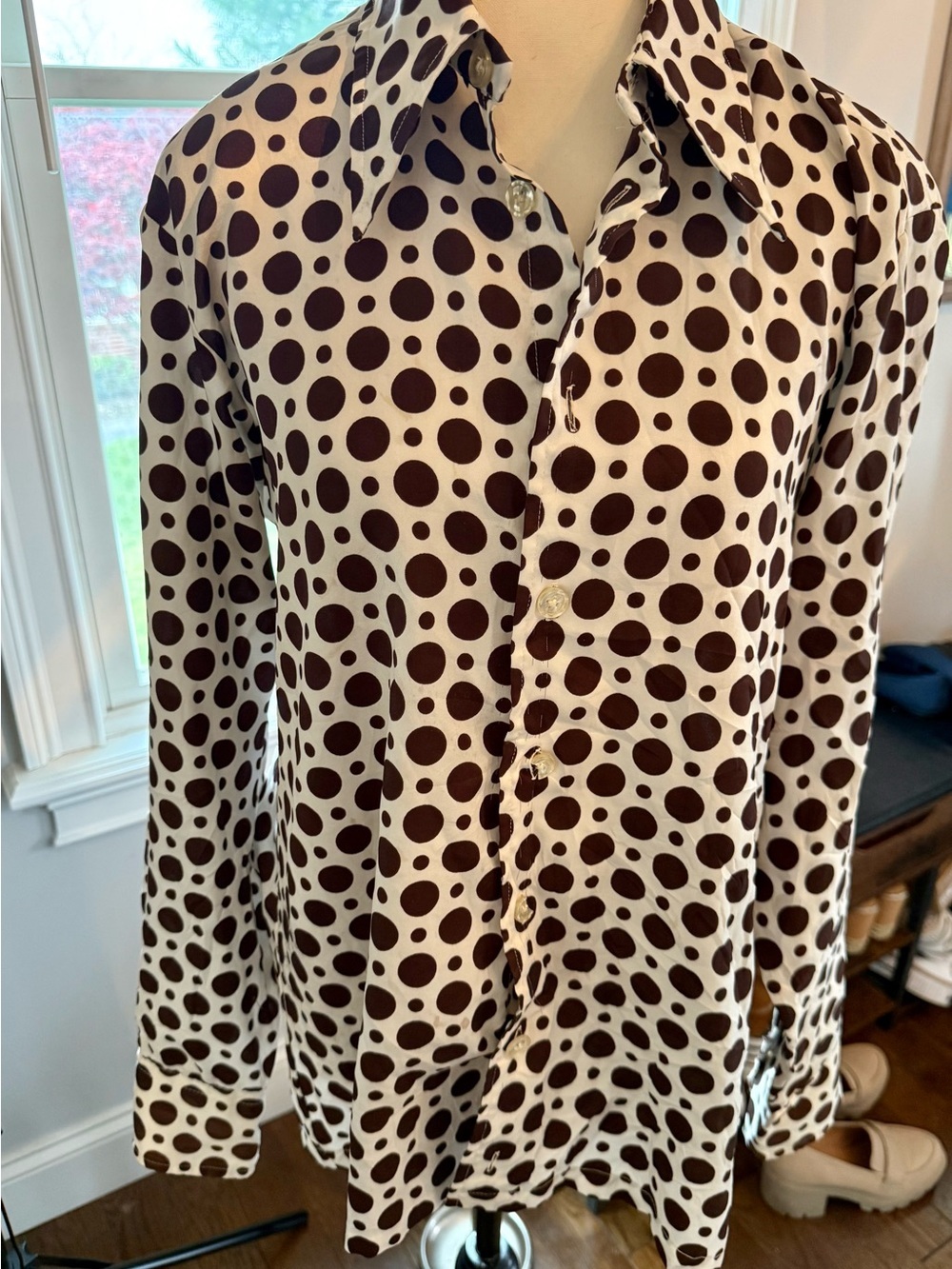 Givenchy for Chesa Cream Brown Polka Dot Silk Blouse large *See Description